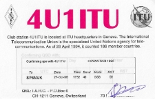 Karta QSL 4U1ITU : Siedziba Międzynarodowej Unii Telekomunikacyjnej (ITU) w Genewie