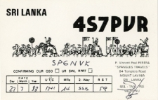 Karta QSL 4S7PVR : Sri Lanka : IOTA AS-003