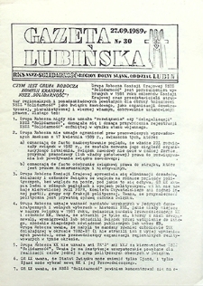 Gazeta Lubińska nr 30, wrzesień `89