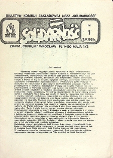Biuletyn Komisji Zakładowej NSZZ „Solidarność” : nr 1, maj `81