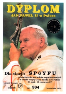 Dyplom JP II łączności ze stacjami okolicznościowymi pielgrzymki papieża Jana Pawła II